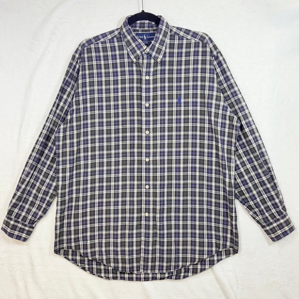 Ralph Lauren M Blake Plaid Buttoned Shirt Long Sleeve Blue Gray Office Work Logo